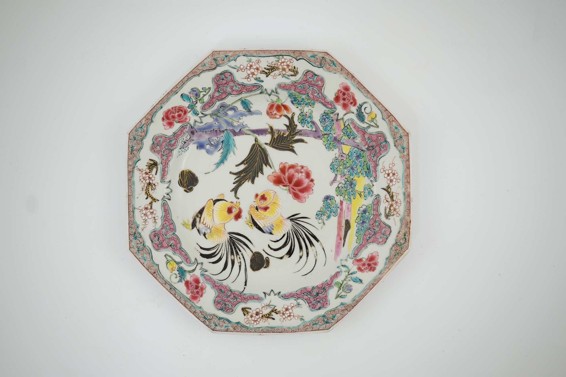 A Chinese famille rose ‘cockerel’ octagonal plate, Yongzheng period